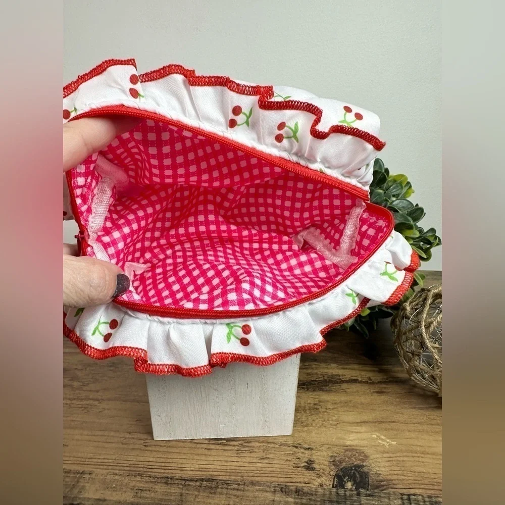 Quilted Ruffled Makeup Cosmetics Toiletries Bag with Cherries